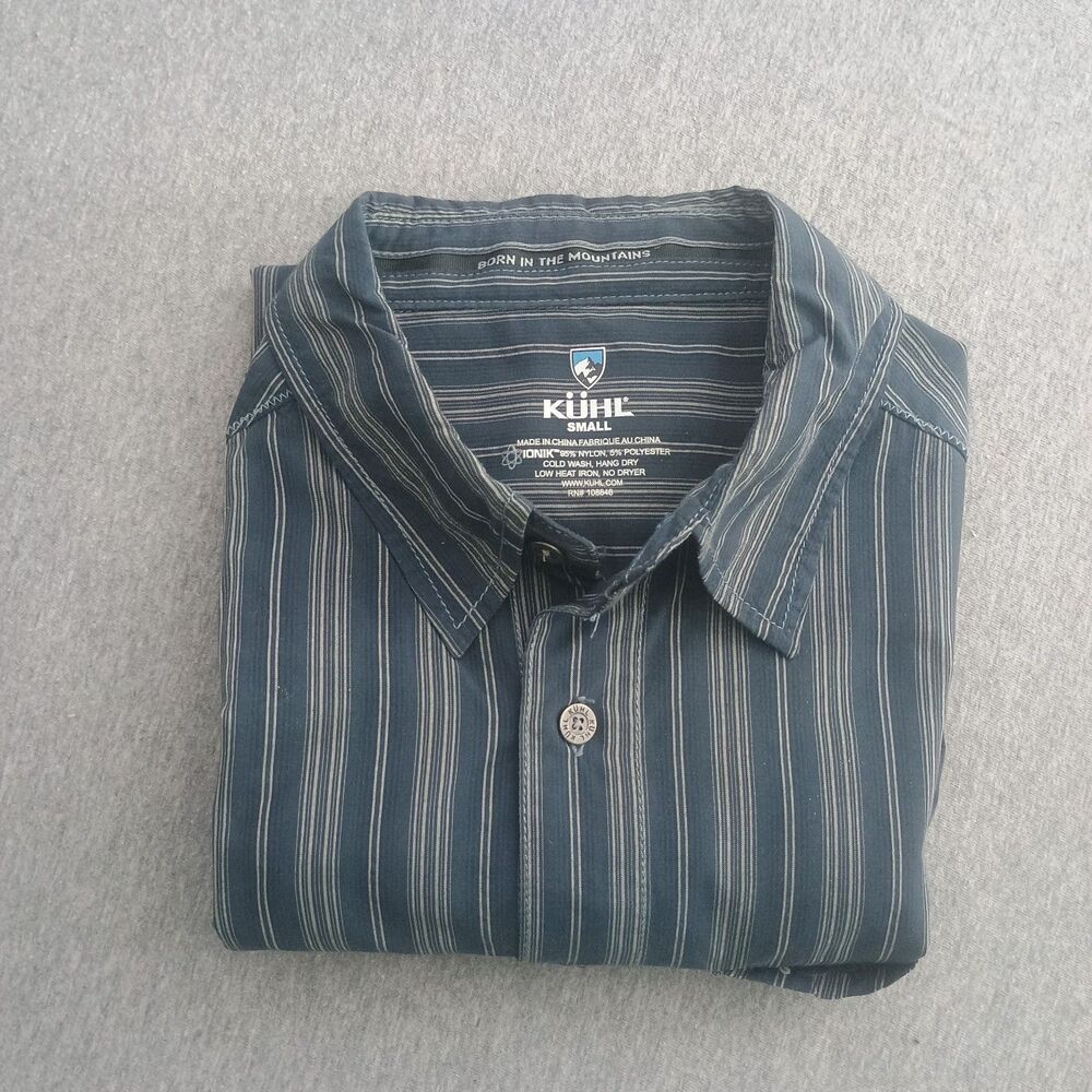 Kuhl  IONIK Shirt Mens Small Gray Blue Stripe Sleeve Button Up Summer Shirt